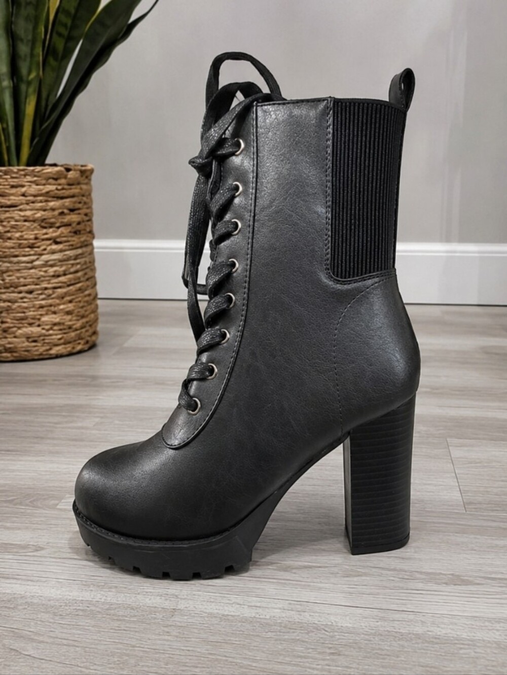 Women’s Lace-Up Combat Ankle Boots – Chunky High Heel, Lug Sole, Side Zipper - Picture 5 of 6